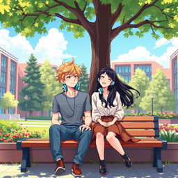 A charming and vibrant anime-style illustration of two college lovers on a university campus