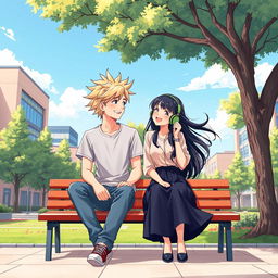 A charming and vibrant anime-style illustration of two college lovers on a university campus