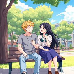A charming and vibrant anime-style illustration of two college lovers on a university campus