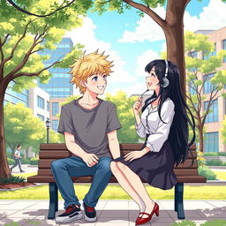 A charming and vibrant anime-style illustration of two college lovers on a university campus