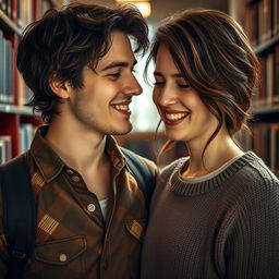 A beautifully detailed portrait of a college couple, showcasing their deep affection for each other