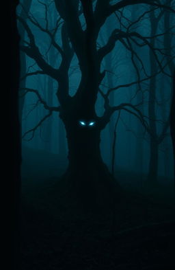 A dark and atmospheric scene featuring a shadowy forest shrouded in mist, with gnarled trees and twisted branches