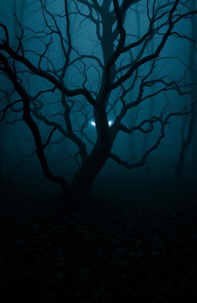 A dark and atmospheric scene featuring a shadowy forest shrouded in mist, with gnarled trees and twisted branches