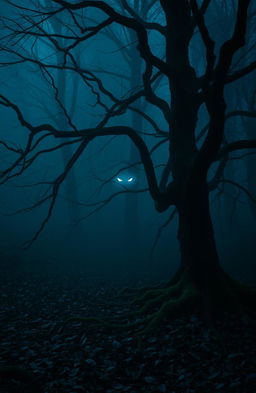 A dark and atmospheric scene featuring a shadowy forest shrouded in mist, with gnarled trees and twisted branches