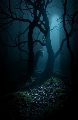 A dark and atmospheric scene featuring a shadowy forest shrouded in mist, with gnarled trees and twisted branches