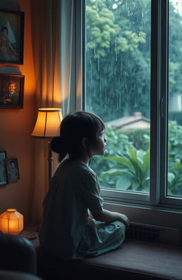 A melancholic scene of a young girl sitting alone at home during the rainy season