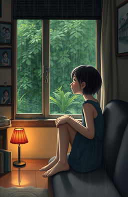 A melancholic scene of a young girl sitting alone at home during the rainy season