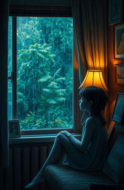 A melancholic scene of a young girl sitting alone at home during the rainy season