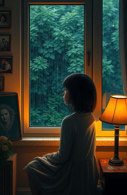 A melancholic scene of a young girl sitting alone at home during the rainy season