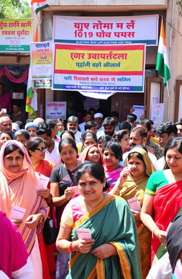 A lively scene depicting a bustling Indian election day, showcasing a diverse crowd of enthusiastic voters from different backgrounds, wearing traditional attire as they line up outside a polling station