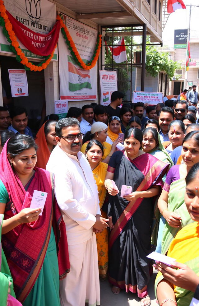 A lively scene depicting a bustling Indian election day, showcasing a diverse crowd of enthusiastic voters from different backgrounds, wearing traditional attire as they line up outside a polling station