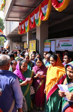 A lively scene depicting a bustling Indian election day, showcasing a diverse crowd of enthusiastic voters from different backgrounds, wearing traditional attire as they line up outside a polling station