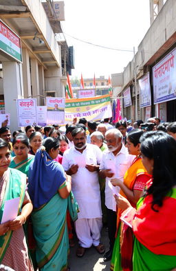 A lively scene depicting a bustling Indian election day, showcasing a diverse crowd of enthusiastic voters from different backgrounds, wearing traditional attire as they line up outside a polling station