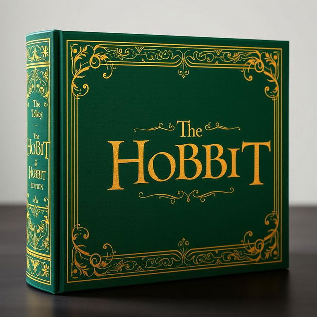 A beautifully designed spine for a hard cover edition of 'The Hobbit', featuring intricate illustrations inspired by J