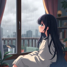 A sad girl sitting at home during the rainy season, looking out the window with tears in her eyes, capturing a melancholic yet beautiful atmosphere