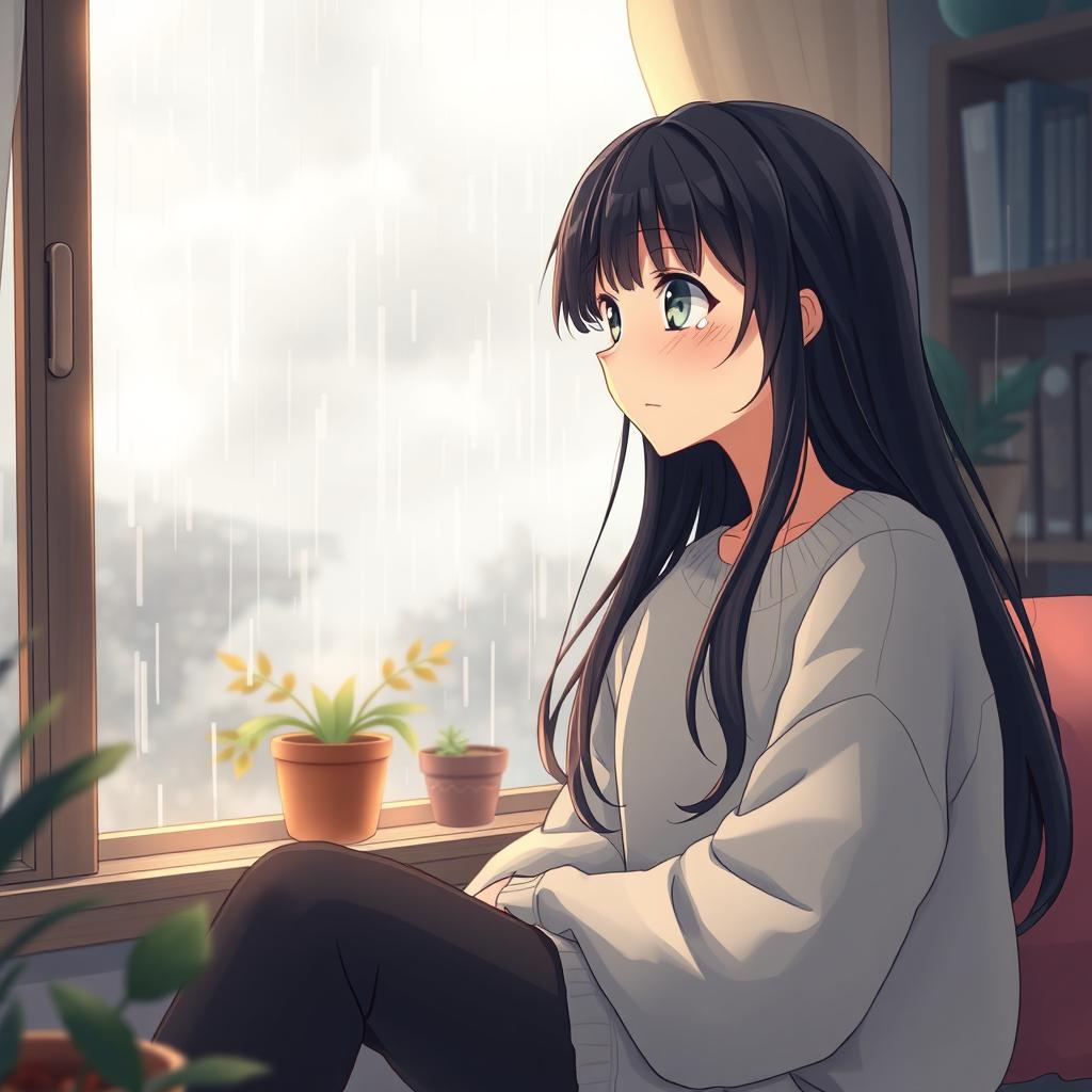 A sad girl sitting at home during the rainy season, looking out the window with tears in her eyes, capturing a melancholic yet beautiful atmosphere