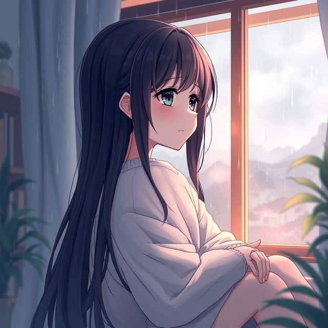 A sad girl sitting at home during the rainy season, looking out the window with tears in her eyes, capturing a melancholic yet beautiful atmosphere