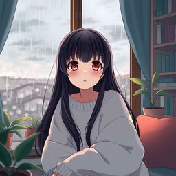 A sad girl sitting at home during the rainy season, looking out the window with tears in her eyes, capturing a melancholic yet beautiful atmosphere