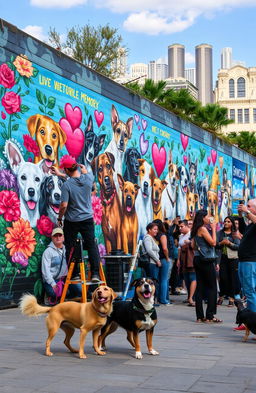 A mural depicting a passionate street artist painting a vibrant wall dedicated to the memory of street dogs, showcasing a vibrant cityscape in the background