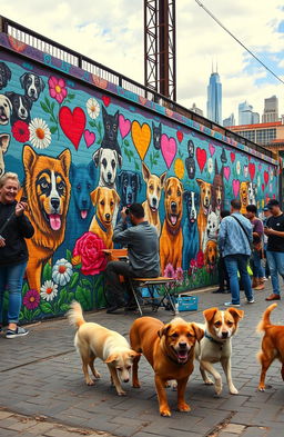 A mural depicting a passionate street artist painting a vibrant wall dedicated to the memory of street dogs, showcasing a vibrant cityscape in the background