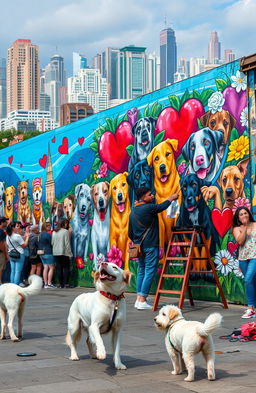 A mural depicting a passionate street artist painting a vibrant wall dedicated to the memory of street dogs, showcasing a vibrant cityscape in the background