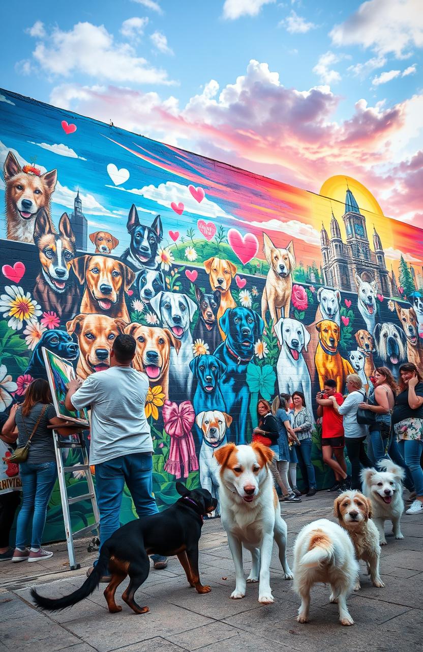 A mural depicting a passionate street artist painting a vibrant wall dedicated to the memory of street dogs, showcasing a vibrant cityscape in the background