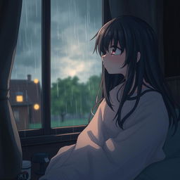 A sad girl sitting at home during the rainy season, looking out the window with tears in her eyes, surrounded by a dark, moody atmosphere