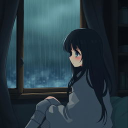 A sad girl sitting at home during the rainy season, looking out the window with tears in her eyes, surrounded by a dark, moody atmosphere