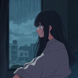 A sad girl sitting at home during the rainy season, looking out the window with tears in her eyes, surrounded by a dark, moody atmosphere