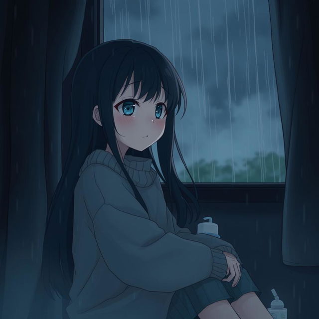 A sad girl sitting at home during the rainy season, looking out the window with tears in her eyes, surrounded by a dark, moody atmosphere