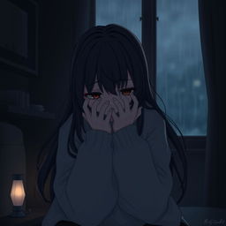 A sad girl sitting at home during the rainy season, her face hidden behind her hands as she expresses deep sorrow and frustration