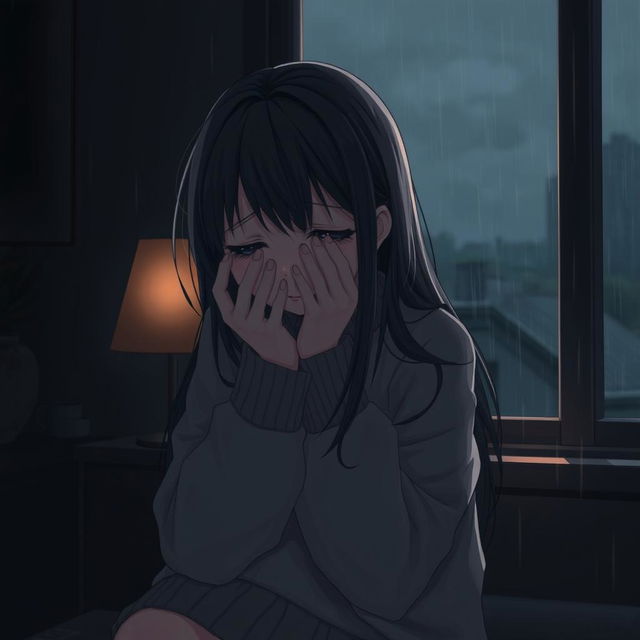 A sad girl sitting at home during the rainy season, her face hidden behind her hands as she expresses deep sorrow and frustration