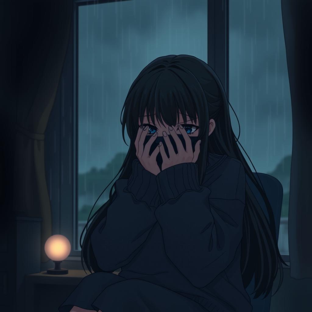 A sad girl sitting at home during the rainy season, her face hidden behind her hands as she expresses deep sorrow and frustration