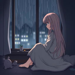 An anime-style illustration of a sad girl sitting alone at home during the rainy season, facing a window