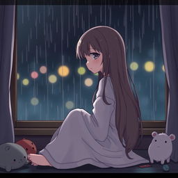 An anime-style illustration of a sad girl sitting alone at home during the rainy season, facing a window