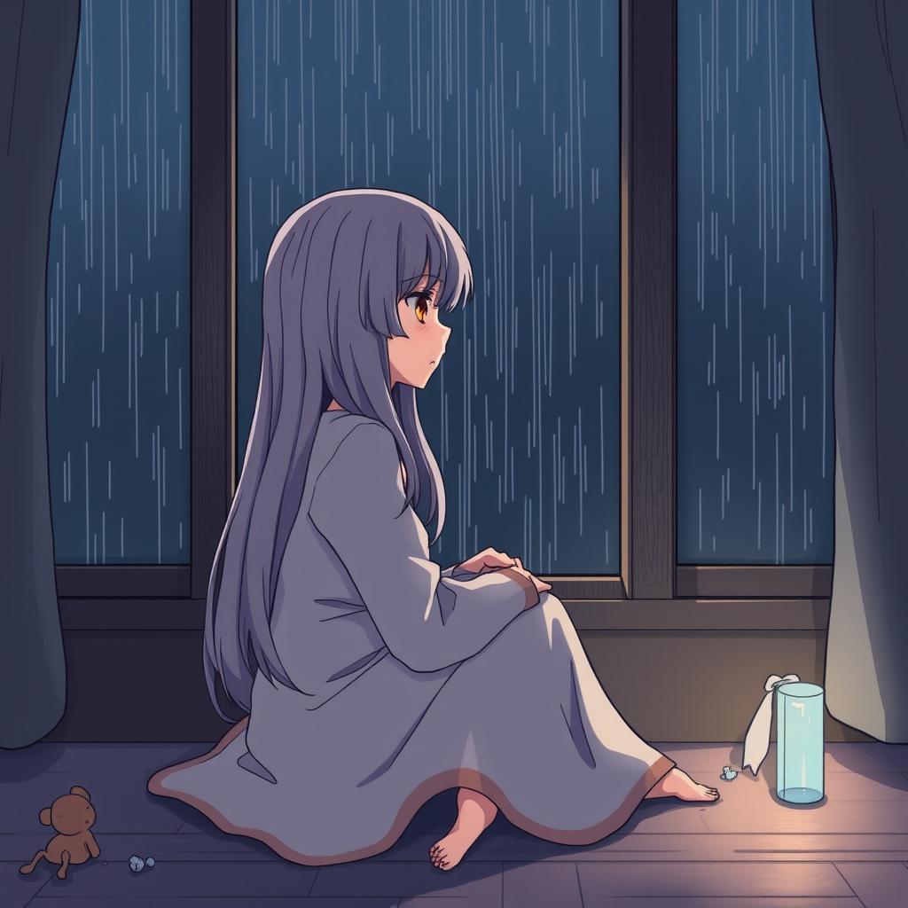 An anime-style illustration of a sad girl sitting alone at home during the rainy season, facing a window