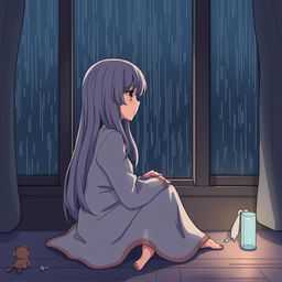 An anime-style illustration of a sad girl sitting alone at home during the rainy season, facing a window