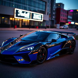 A sleek and modern black and blue sports car, showcasing an aerodynamic design with sharp lines and a glossy finish
