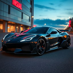 A sleek and modern black and blue sports car, showcasing an aerodynamic design with sharp lines and a glossy finish