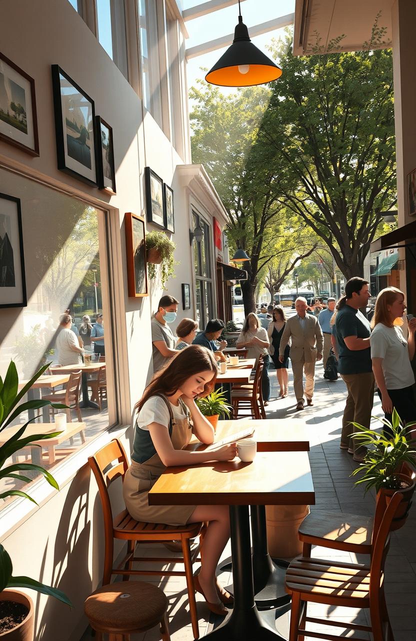 A serene slice of life scene depicting a cozy coffee shop on a sunny afternoon