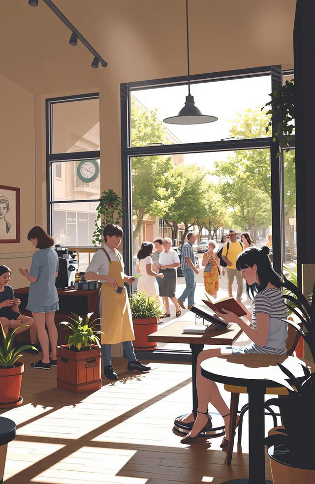 A serene slice of life scene depicting a cozy coffee shop on a sunny afternoon