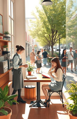 A serene slice of life scene depicting a cozy coffee shop on a sunny afternoon