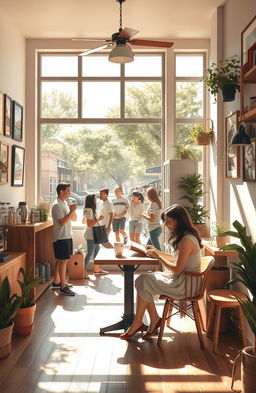 A serene slice of life scene depicting a cozy coffee shop on a sunny afternoon