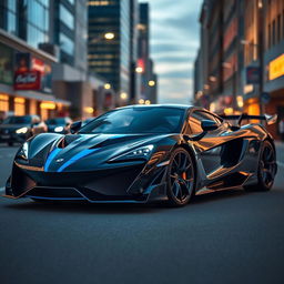 A striking black and blue sports car with a sleek, aerodynamic design, emphasizing its sporty and powerful appearance