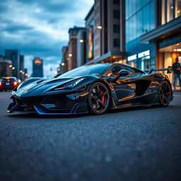 A striking black and blue sports car with a sleek, aerodynamic design, emphasizing its sporty and powerful appearance