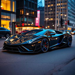 A striking black and blue sports car with a sleek, aerodynamic design, emphasizing its sporty and powerful appearance