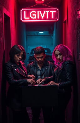 A gripping scene from an LGBTQ crime thriller, set in a dimly lit urban alleyway