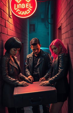 A gripping scene from an LGBTQ crime thriller, set in a dimly lit urban alleyway