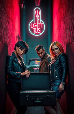 A gripping scene from an LGBTQ crime thriller, set in a dimly lit urban alleyway