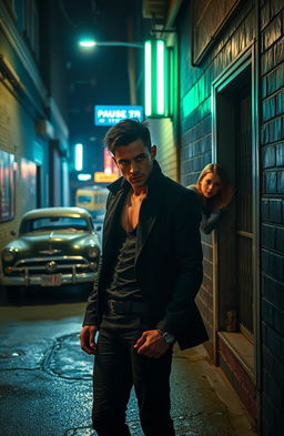 A tense scene from a LGBTQ crime thriller, featuring a diverse cast of characters in an urban alleyway at night